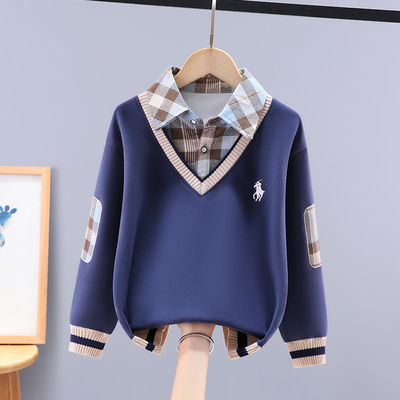 男童卫衣假两件秋款中大童加绒加厚学院风衬衫领上衣儿童男孩童装