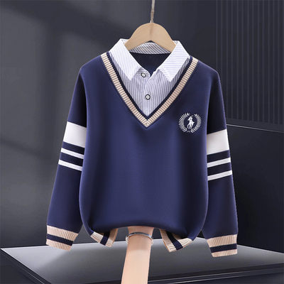 男童卫衣假两件秋装中大童加绒加厚衬衫领学院风春秋款儿童男孩潮