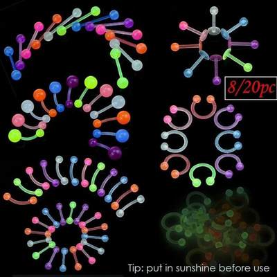 8/20pc Flexible Barbell Piercing Glow In Dark Tongue/Belly/l