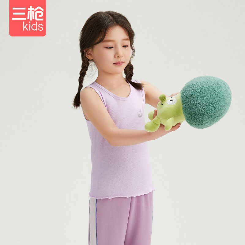 三枪女童夏季薄款粉色淡紫可爱A类柔软网眼小学生幼儿园弹力背心