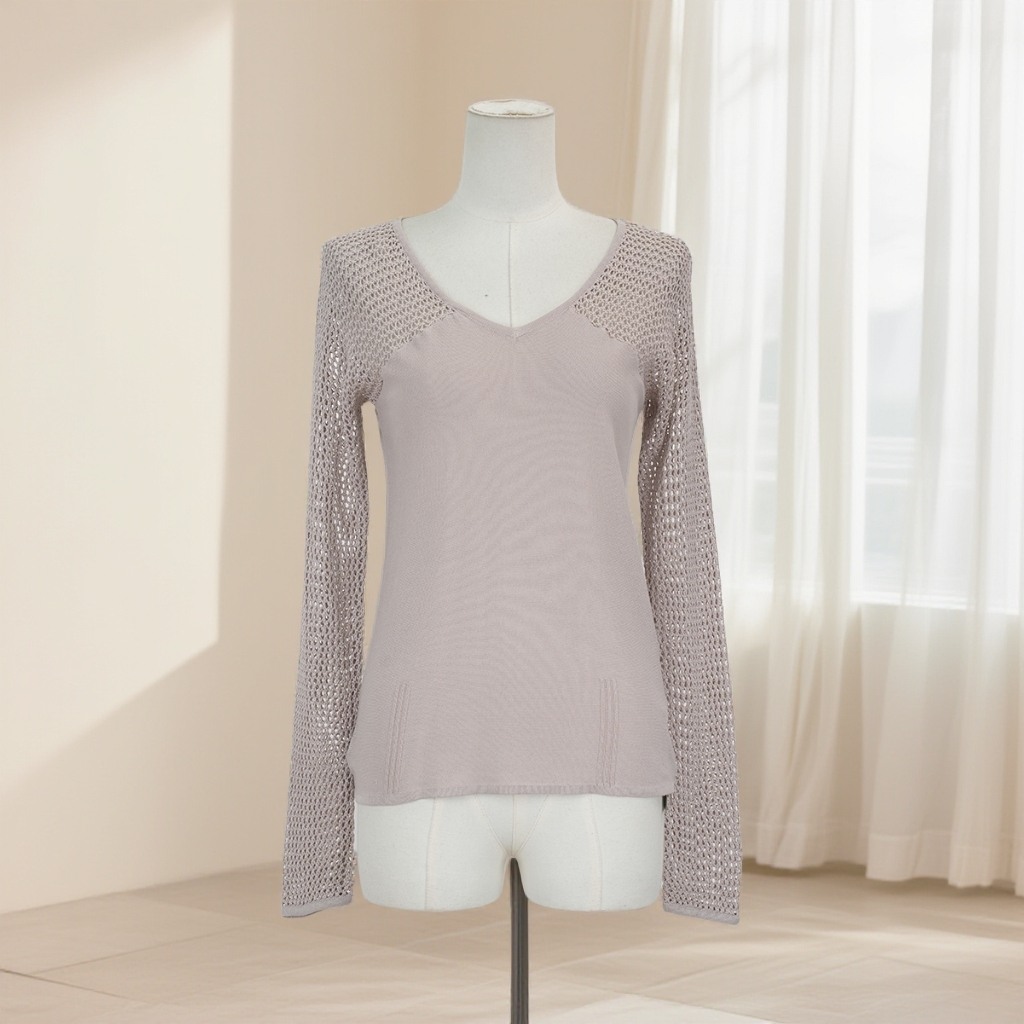 春秋新款韩版V领镂空长袖针织衫女秋季薄款修身显瘦遮肉上衣36984