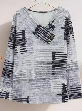 2025夏秋新款女时尚长袖V领套头衫清新自然印花宽松爆款上衣25964