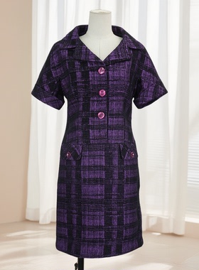 秋冬新款女纯色短袖法式收腰复古格子修身气质连衣裙34961