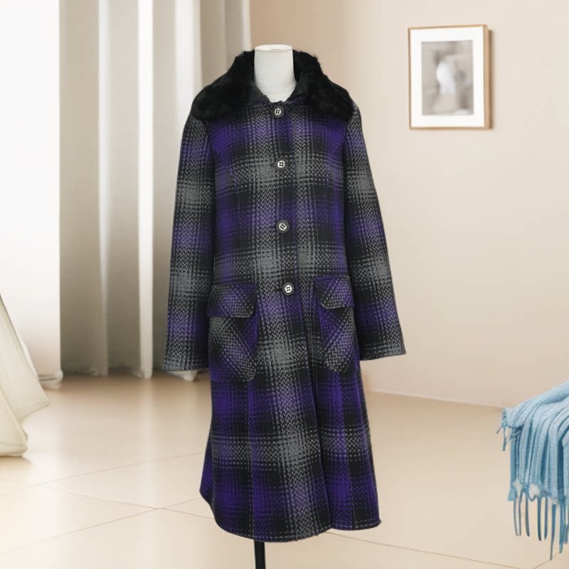2026春季复古格纹外套女中长款大翻领单排扣修身大衣40799