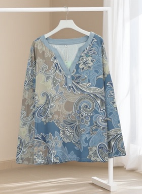 春秋新款印花长袖V领宽松上衣女蓝色舒适休闲百搭T恤25690