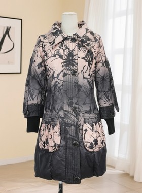 复古花卉印花棉服女通勤直筒型长袖拉链外套黑色常规款36373