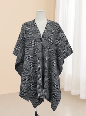春秋新款极简风千鸟格针织斗篷披肩女外搭百搭宽松开衫36514