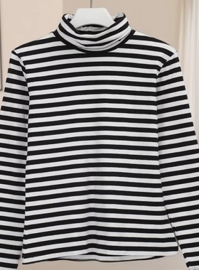 春秋爆款女黑白条纹拼色高领长袖套头T恤修身遮肉显瘦百搭38813