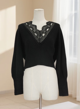 春秋新款黑色蕾丝V领针织衫女修身显瘦百搭毛衣高级感37647
