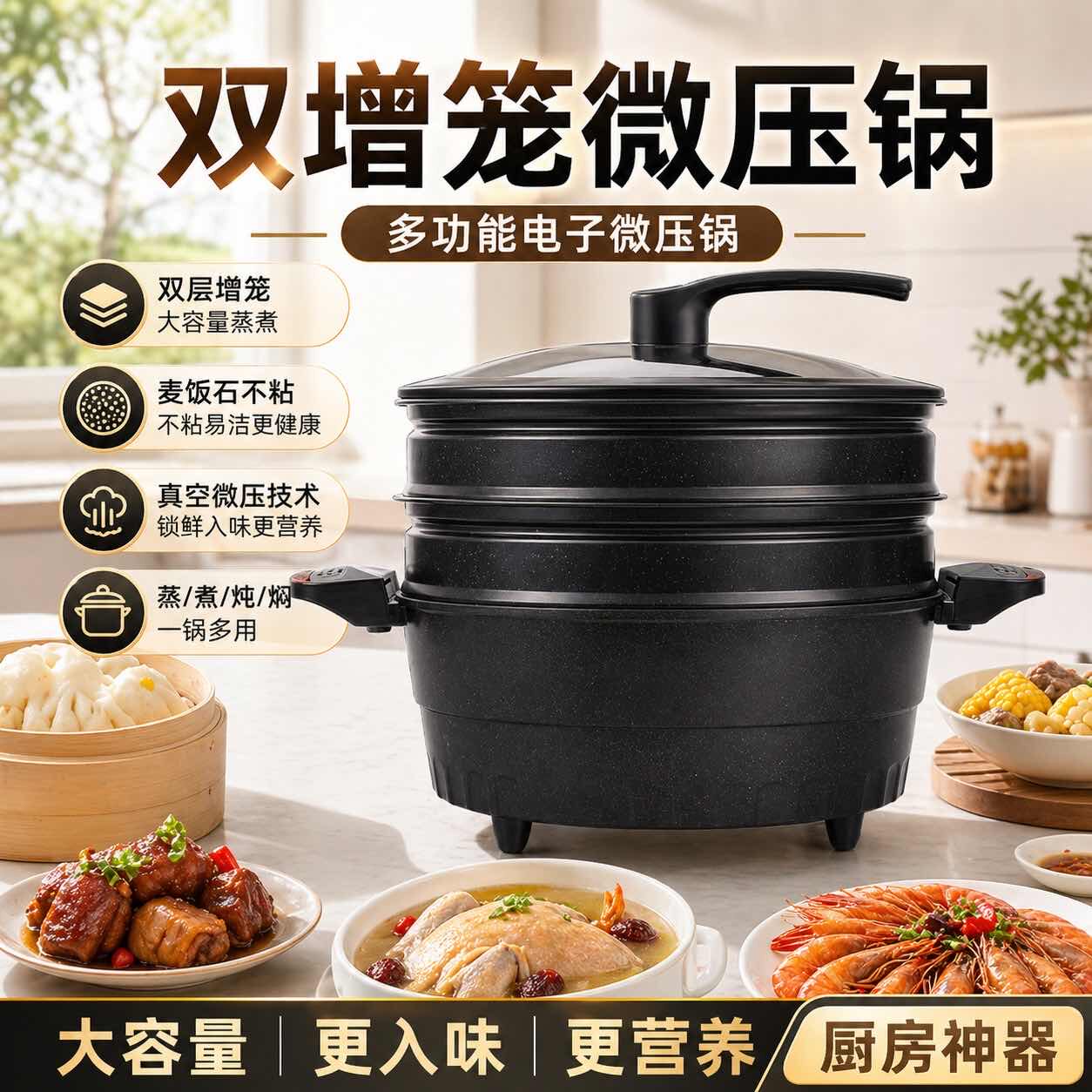 【双蒸笼】多功能电炒锅麦饭石电子微压一体火锅电锅炒菜不粘锅