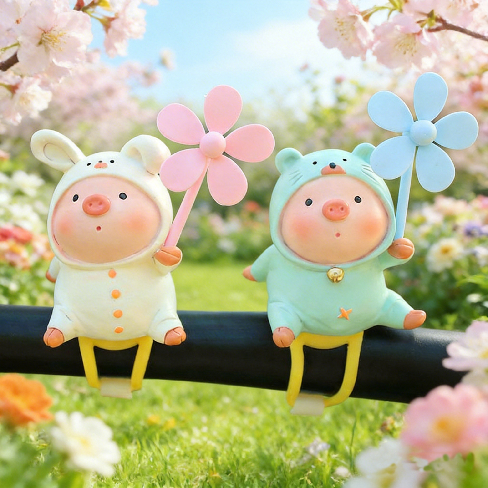 熊孩子可爱小猪风车竹蜻蜓电动车摆件自行车载电动摩托创意装饰品