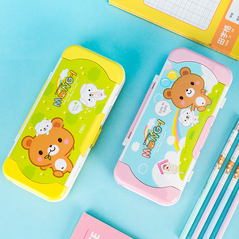 得力多功能三层小熊男童文具盒