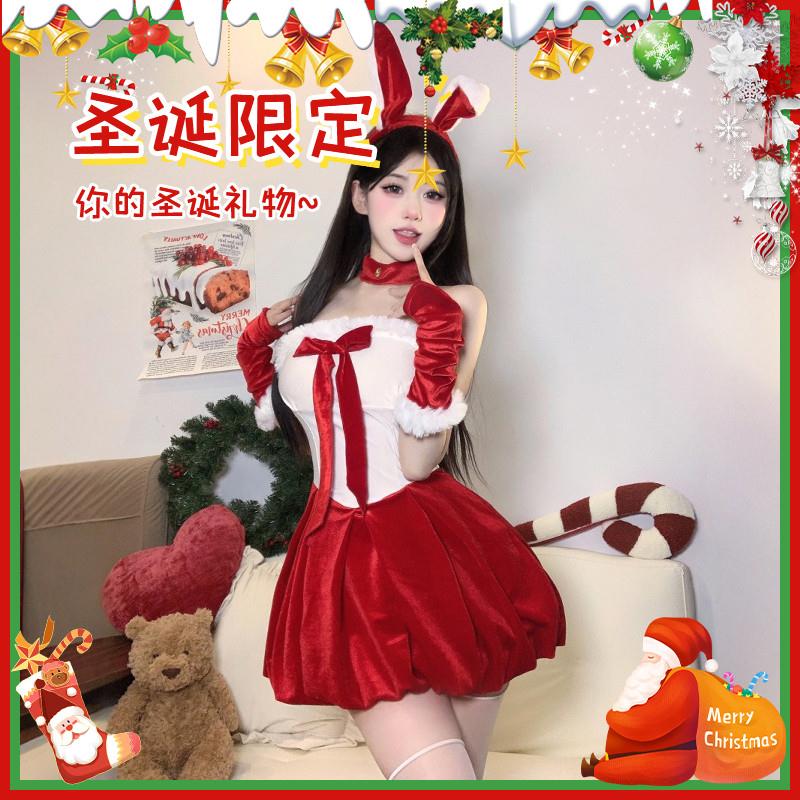 圣诞节服装穿搭装饰cos性感制服角色扮演纯欲红色丝绒蓬蓬裙子冬