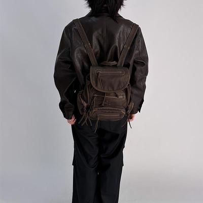 亚马逊复古做旧双肩包抽绳书包废土风背包辣妹包包大容量小众设计