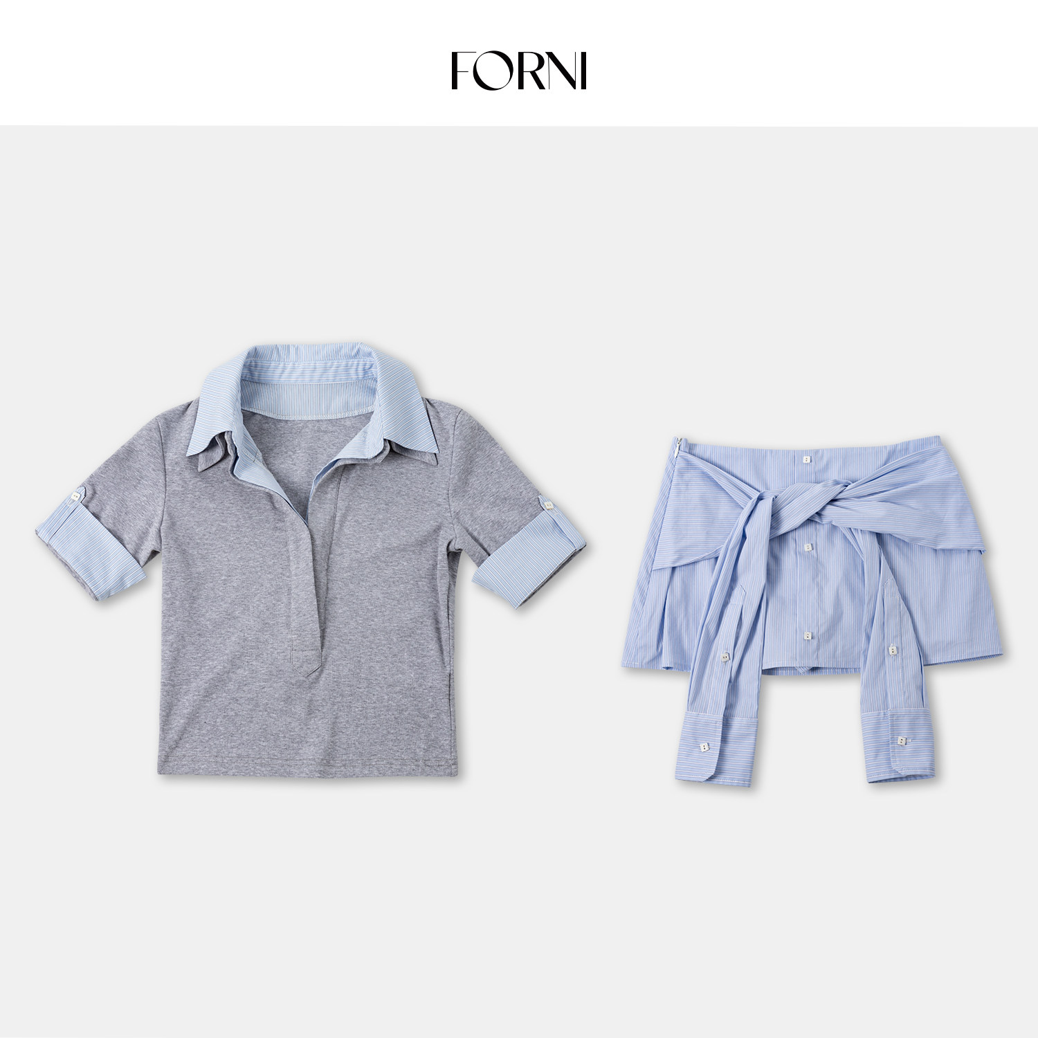 FORNI/YOYO &ldquo;常春藤预备生&rdquo;高支棉条纹假两件衬衫/绑带裙裤套装
