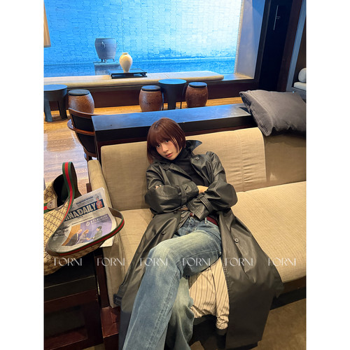 100棉通勤双排扣长款风衣外套