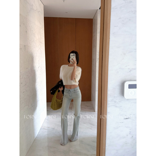 手工毛边设计感微喇水洗牛仔裤