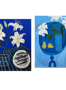 百合花卉艺术海报装饰挂画画芯不含相框中古风蓝色法式混搭餐厅