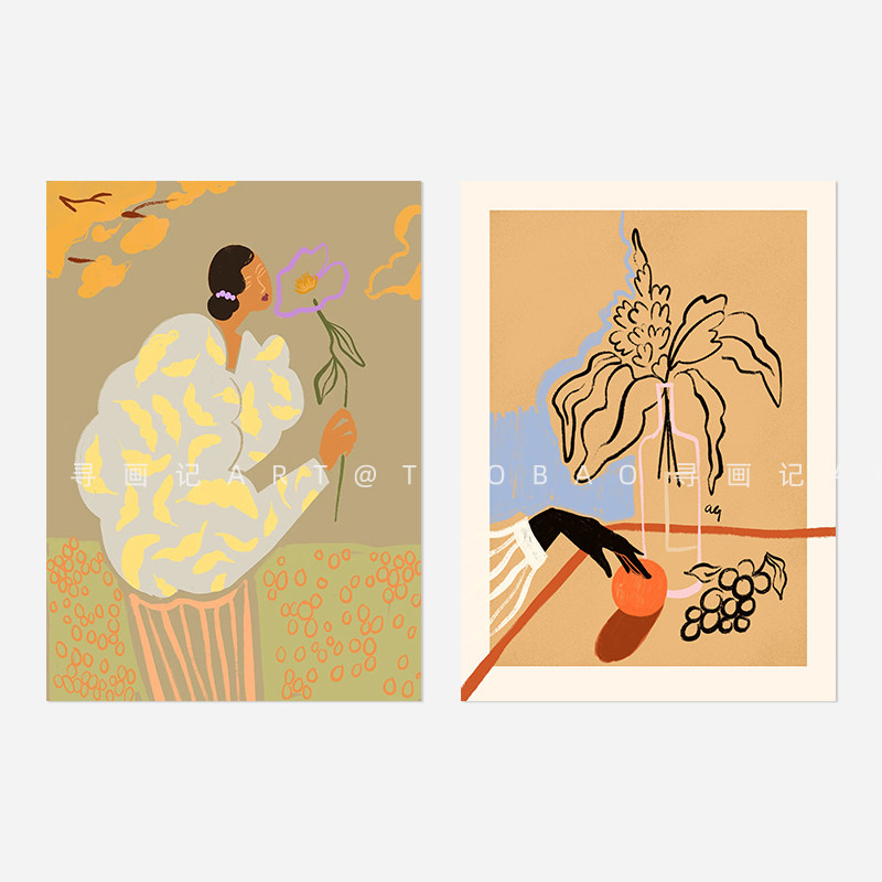 轻复古原木南洋风抽象人物艺术花卉装饰挂画画芯纸质高清艺术打印
