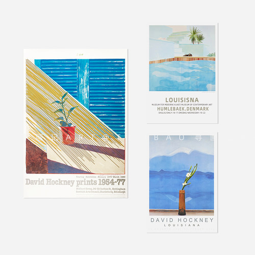 中古包豪斯蓝色风景纸质装饰画艺术画芯大卫霍克尼David Hockney