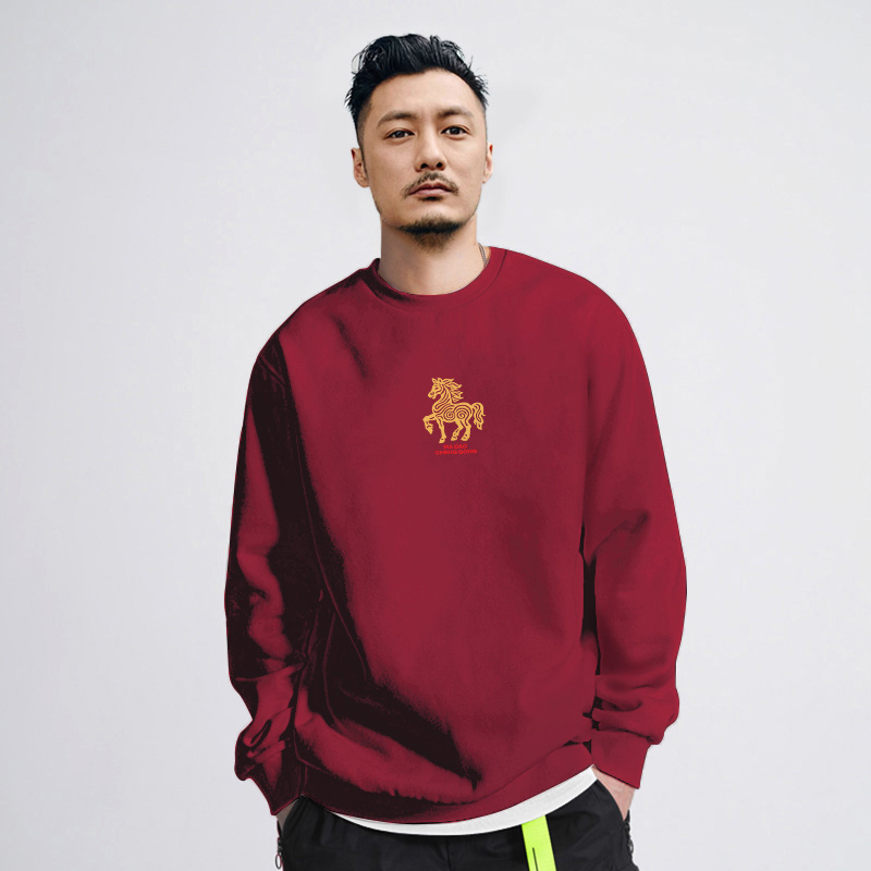 潮牌百搭男士圆领酒红色上衣