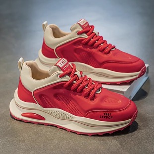 子夏季 皮面老爹鞋 透气2025新款 男款 红色本命年休闲软底运动鞋 男鞋