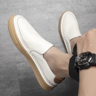 真皮透气商务休闲男式 夏季 2025新款 白鞋 男式 百搭乐福鞋 皮鞋