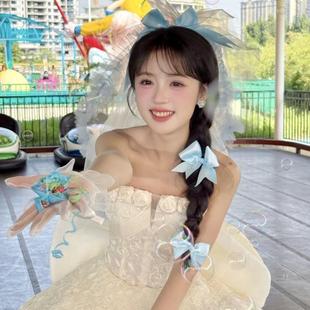 可爱公主生日蝴蝶结头纱蓝色系网红ins拍照派对聚会出片道具