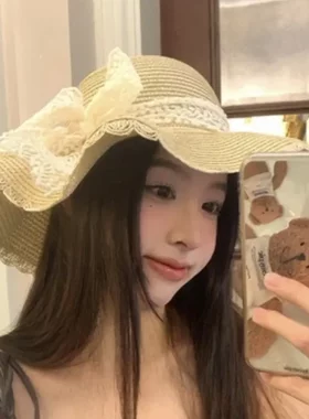 夏季蕾丝花边草编帽草帽防紫外线防晒海边沙滩拍照网红大帽檐