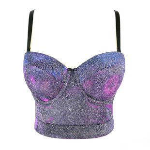 超火欧美鱼骨抹胸免内衣式塑形裹胸金粉短款幻彩吊带闪光蹦迪上衣