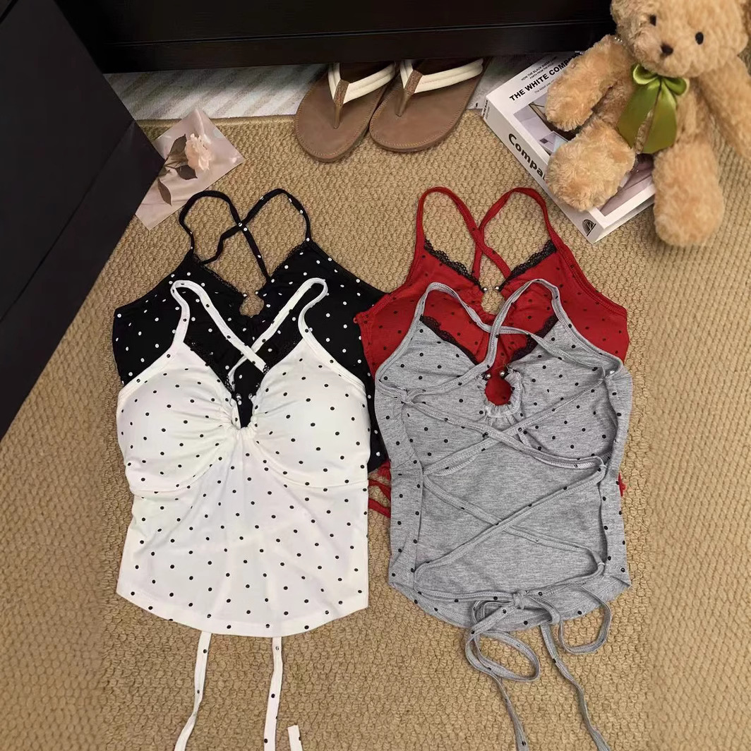 辣妹性感露背心女春夏外穿挂脖波点吊带纯欲风带胸垫内搭短款上衣