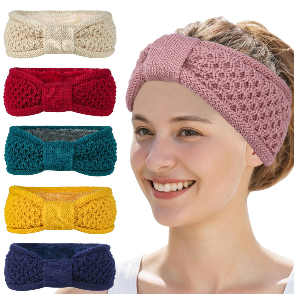 跨境加绒卷边蝴蝶结发带针织头带欧美保暖发饰头套加绒毛线护耳套