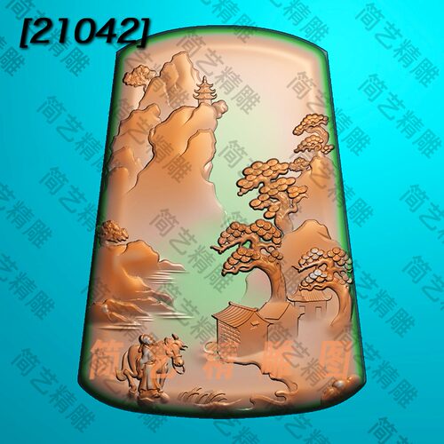 精雕图jdp玉雕图梯形山水人物浮雕图灰度图bmp
