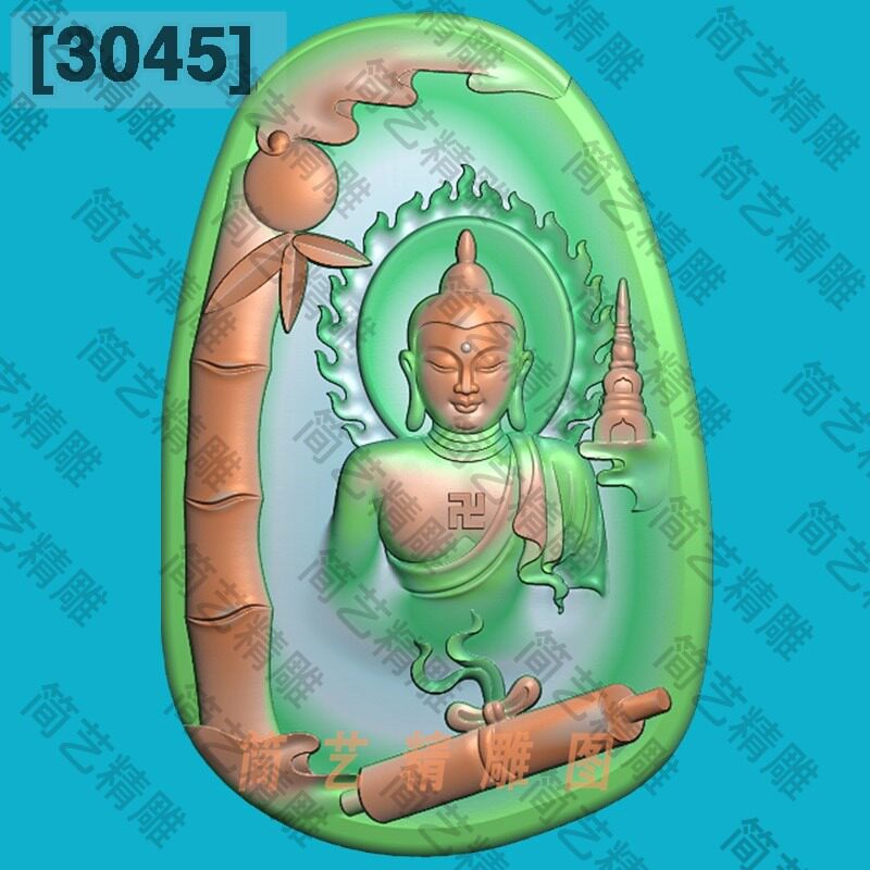 3045新竹节天书半身如来佛祖精雕图玉雕挂件电脑雕刻浮雕图灰度图