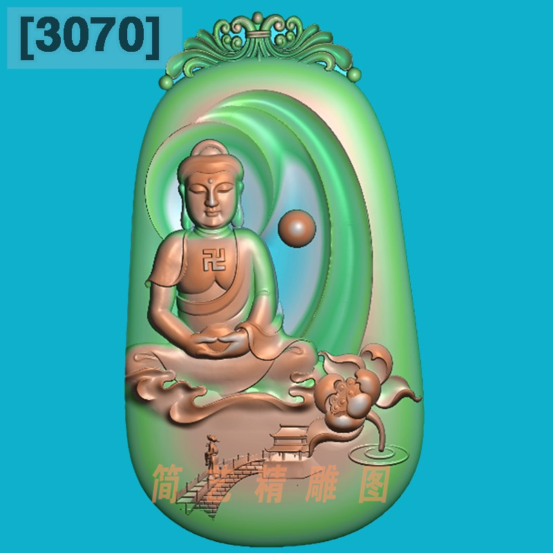 3070新仿古牌头莲花山水如来佛祖精雕图玉雕电脑雕刻浮雕图灰度图