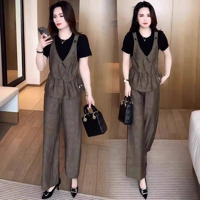 高档时尚套装女夏季新款洋气减龄假两件短袖T恤上衣阔腿裤两件套,女装/女士精品,休闲运动套装,淘宝优惠券,粉丝福利购,淘宝优惠卷