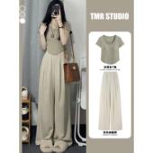 短袖 2025新款 搭配一整套时尚 上衣阔腿山本裤 休闲套装 两件套 女夏装