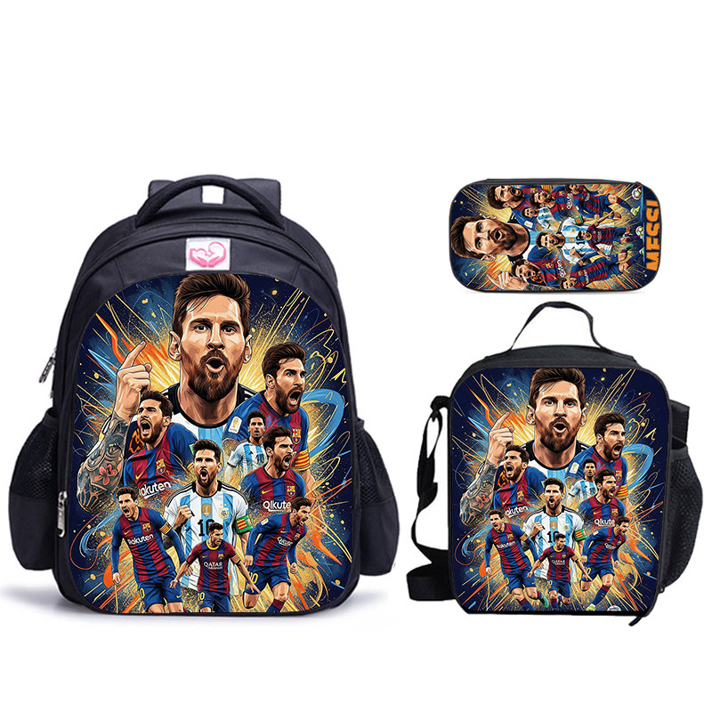 小学生减负护脊三件套 梅西卡通印花牛津纺书包+餐包+笔袋