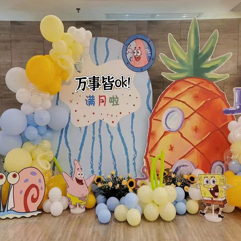 海绵宝宝主题生日布置三岁五岁六岁背景墙kt板气球派对套餐生日会