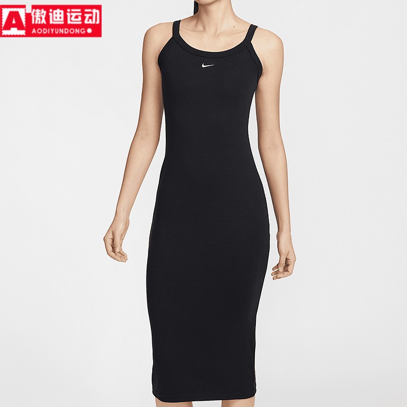 耐克女子2025夏新款简约纯色针织休闲中长裙黑色连衣裙HJ0711-010