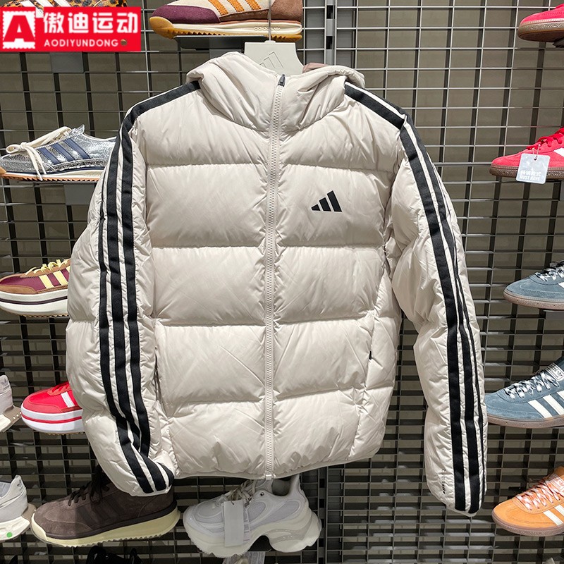 阿迪达斯三条纹羽绒服男2025冬新款户外保暖双面穿夹克外套KC2492