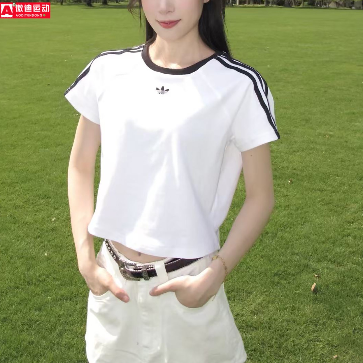 阿迪达斯adidas三叶草2026新款高腰休闲运动T恤纯棉短袖女 KT7793