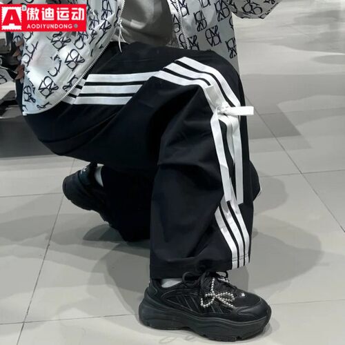 阿迪达斯女裤2025秋季新款梭织宽松透气阔腿裤运动休闲长裤JY7666