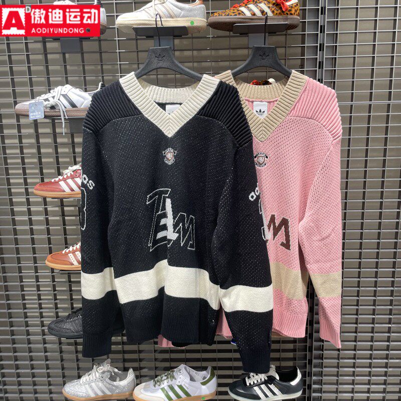 阿迪达斯三叶草男装2025秋印花休闲舒适宽松V领针织套头衫 KF4467