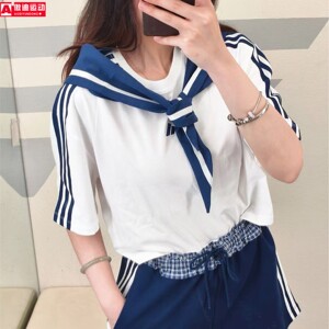 阿迪达斯纯棉短袖2026款水手风海军领短款女子上衣 KZ4182 KY7755