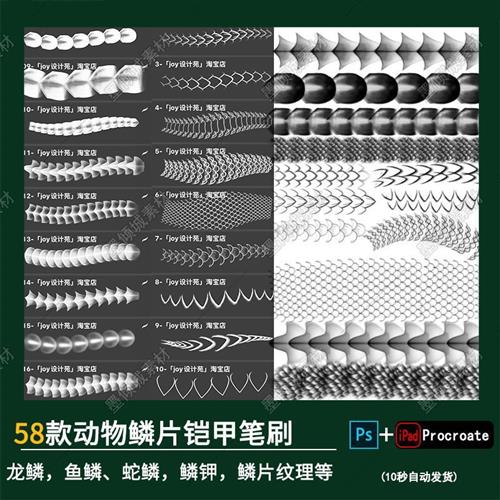 PS笔刷procreate龙.纹龙鳞片鳞钾鱼鳞皮肤纹理蛇鳞钾动物真实肌理