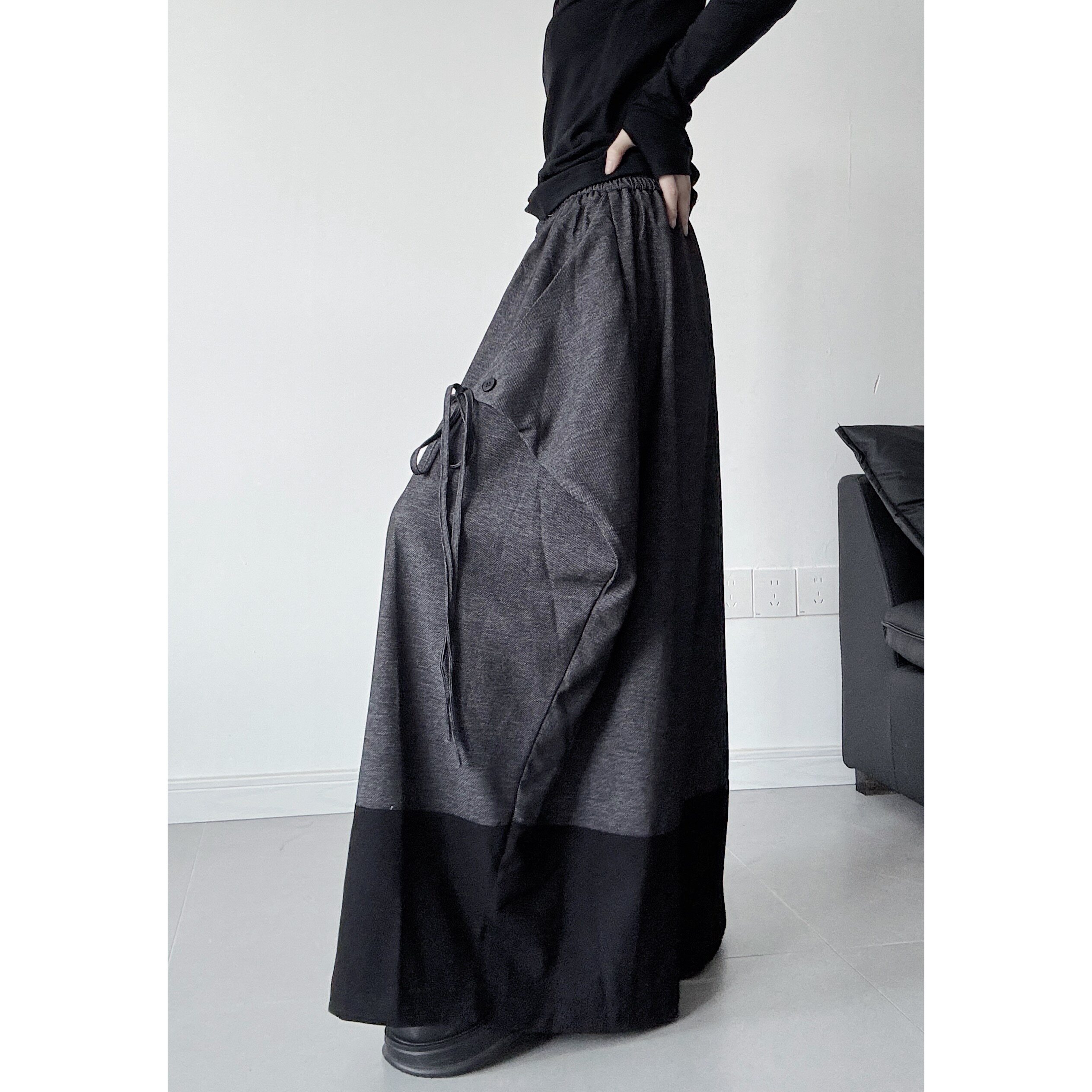 浮木兮 / 小众设计感拼接撞色阔腿裤高腰宽松大裤脚绑带休闲裤