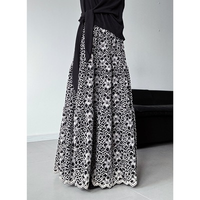 浮木兮/复古镂空钩花大摆半身裙女高腰显瘦长裙蕾丝边裙子秋冬