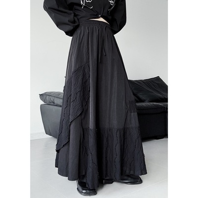 浮木兮/暗黑风双面料不规则拼接半身裙小众设计层次感大摆裙