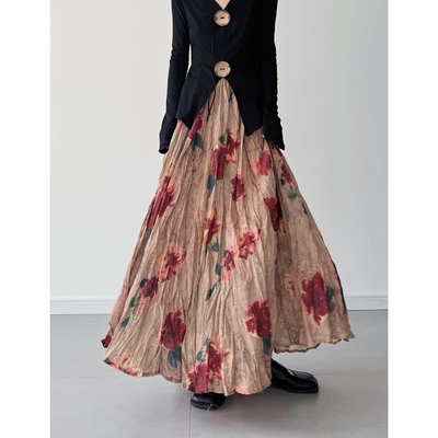 复古油画感碎花半身裙女